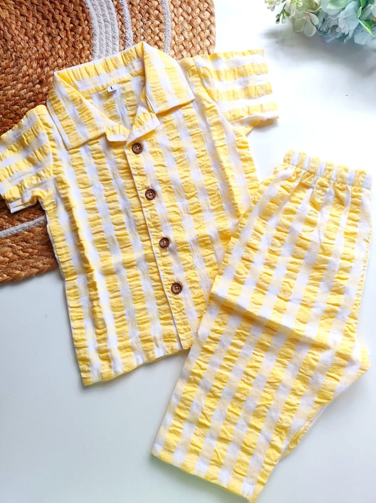 Cotton SeerSucker Collared Co Ord Sets - Yellow Checks