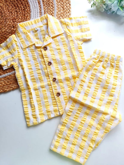 Cotton SeerSucker Collared Co Ord Sets - Yellow Checks