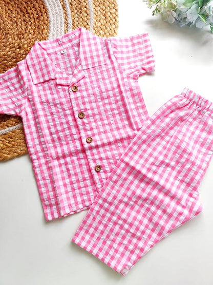 Cotton SeerSucker Collared Co Ord Sets - Pink Gingham
