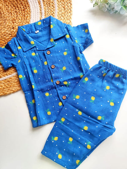 Muslin Cuban Collared Co Ord Sets - Blue Lemon