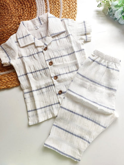 Cotton SeerSucker Collared Co Ord Sets - White Stripes