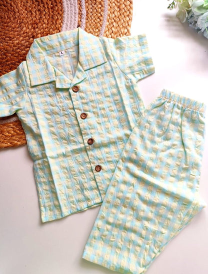 Cotton SeerSucker Collared Co Ord Sets - Pista Green Gingham