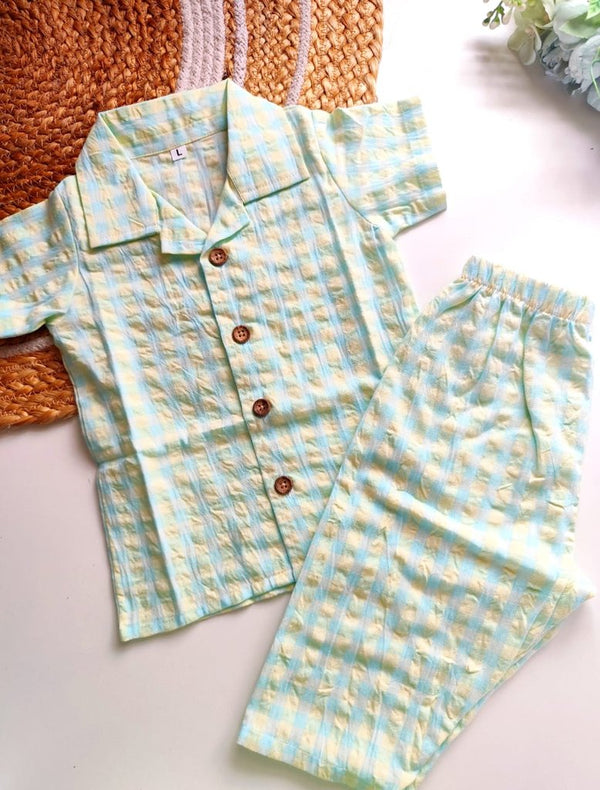 Cotton SeerSucker Collared Co Ord Sets - Pista Green Gingham