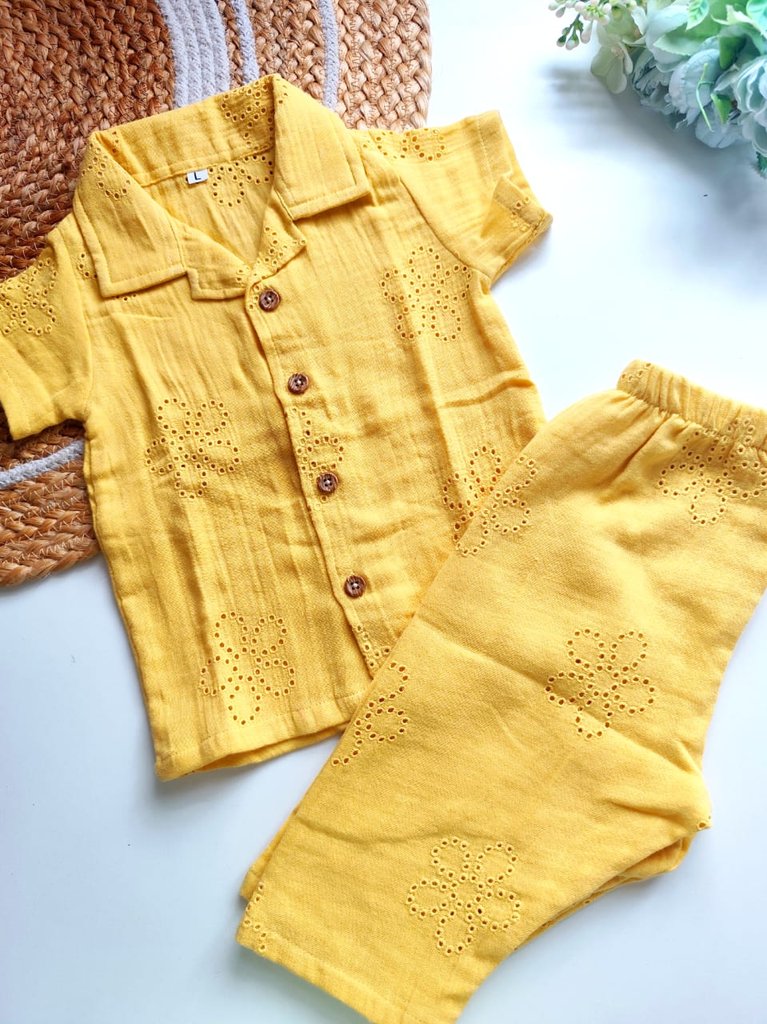 Muslin Cuban Collared Co Ord Sets - Embroidered Hakoba
