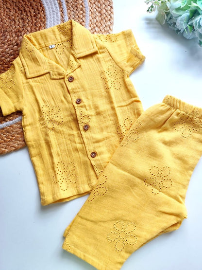 Muslin Cuban Collared Co Ord Sets - Embroidered Hakoba