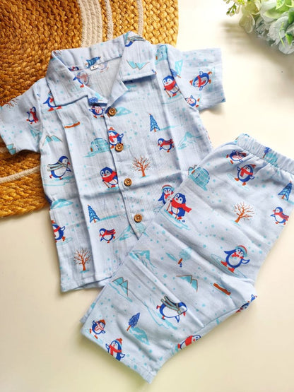 Muslin Cuban Collared Co Ord Sets - Penguin