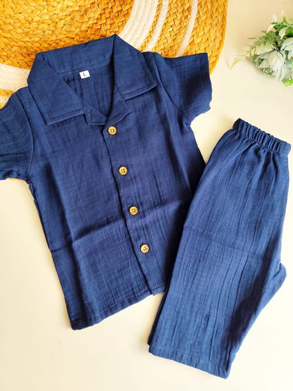 Muslin Cuban Collared Co Ord Sets - Navy Blue Solid