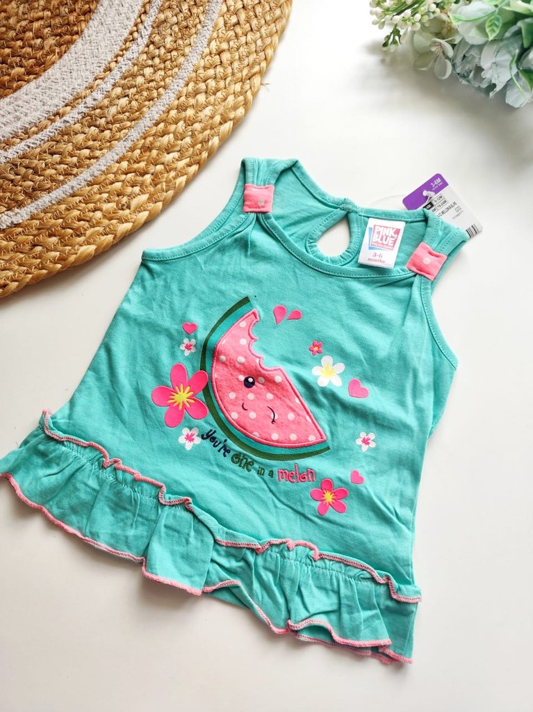Kids Sleeveless Cotton Top - Aqua Watermelon Print