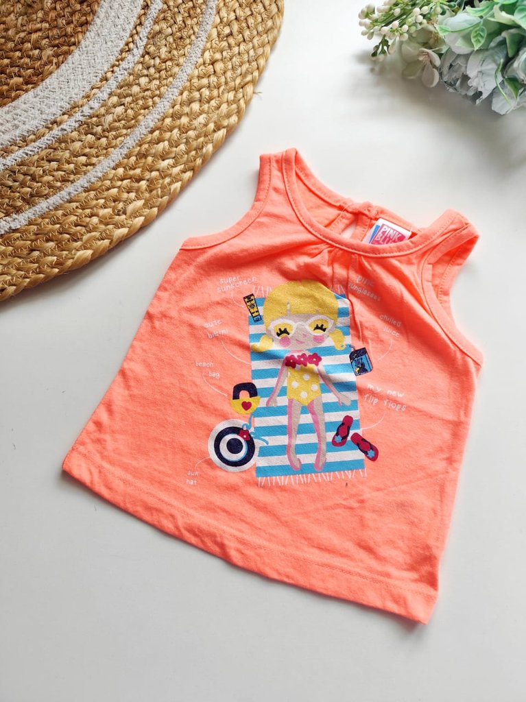 Kids Sleeveless Cotton Top - Coral Beach Girl Print
