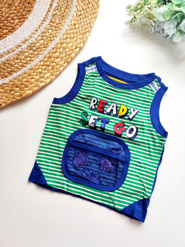 Kids Sleeveless Cotton Top - Green Stripe with 'Ready Set Go' Print