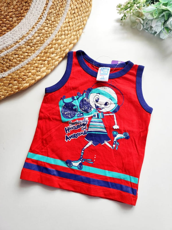Kids Sleeveless Cotton Top - Red with Boy Graphic Print