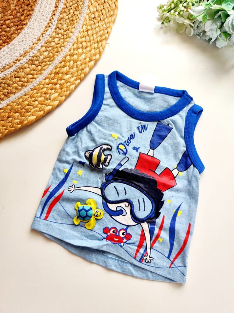 Kids Sleeveless Cotton Top - Light Blue with Underwater Dive Print and 3D Appliques