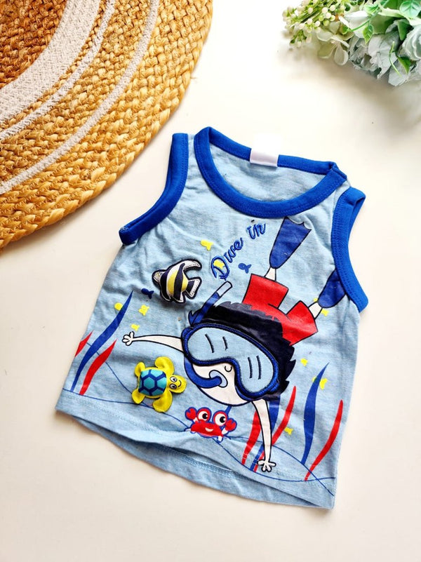 Kids Sleeveless Cotton Top - Light Blue with Underwater Dive Print and 3D Appliques