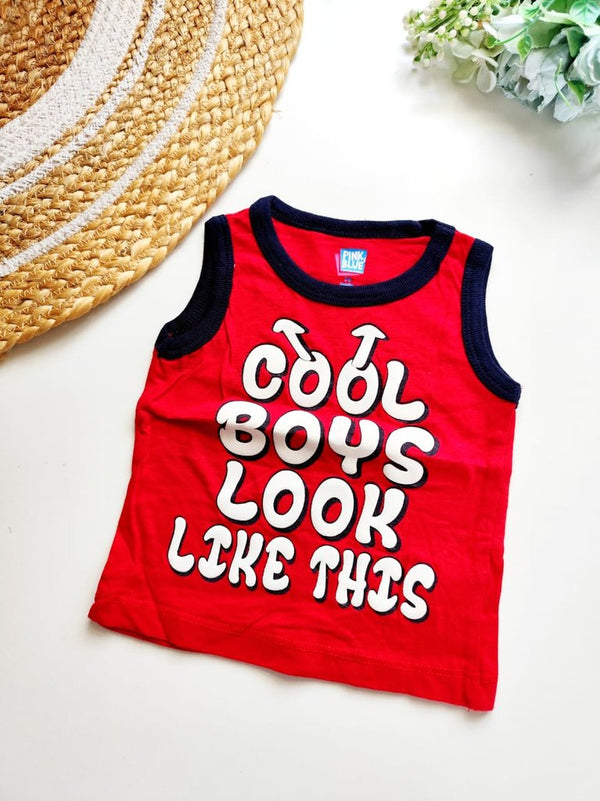 Kids Sleeveless Cotton Top - Red with 'COOL BOYS LOOK LIKE THIS' Print