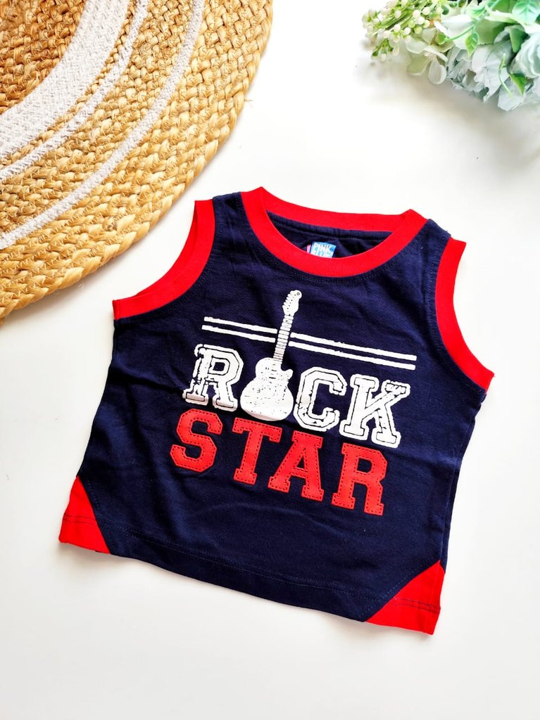 Kids Sleeveless Cotton Top - Navy Blue with Rock Star Print