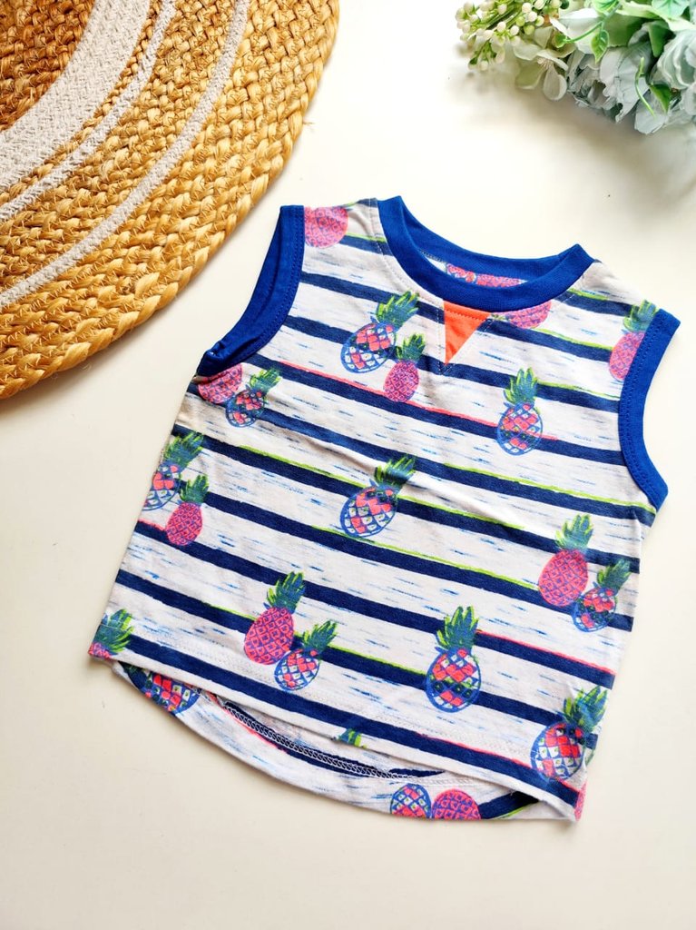 Kids Sleeveless Cotton Top - Striped Pineapple Print