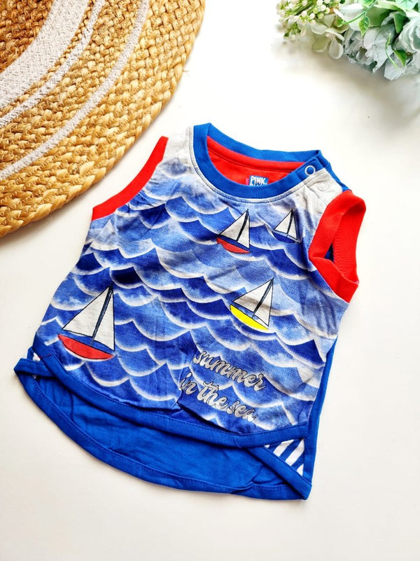 Kids Sleeveless Cotton Top - Blue Wave & Sailboat Print