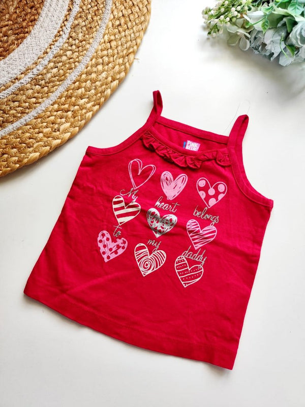 Kids Sleeveless Cotton Top - Red with My Heart Belongs to My Daddy Hearts Print