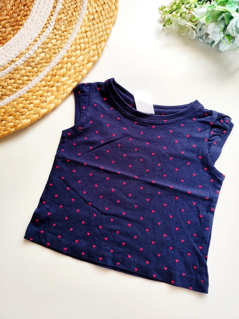 Kids Sleeveless Cotton Top - Navy Blue with Pink Hearts