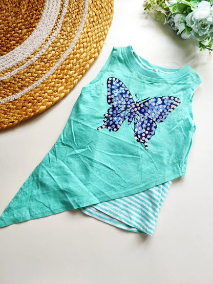 Kids Sleeveless Cotton Top - Aqua Butterfly Print