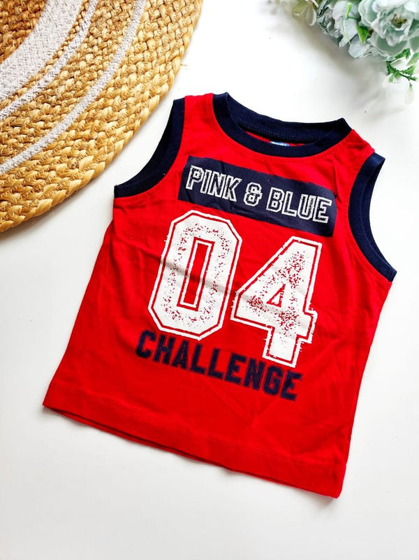 Kids Sleeveless Cotton Top - Red '04 Challenge' Graphic
