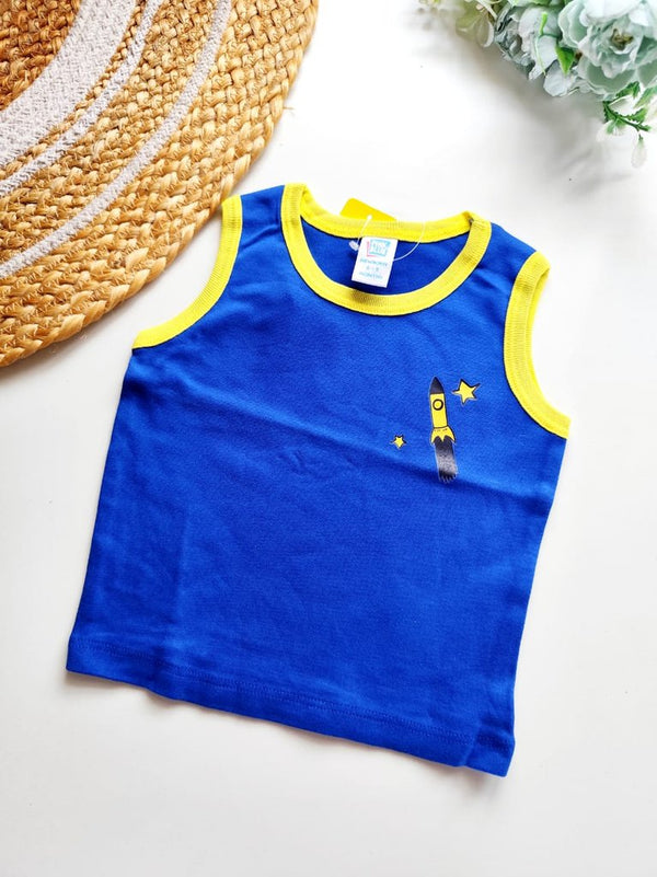 Kids Sleeveless Cotton Top - Blue Rocket Print