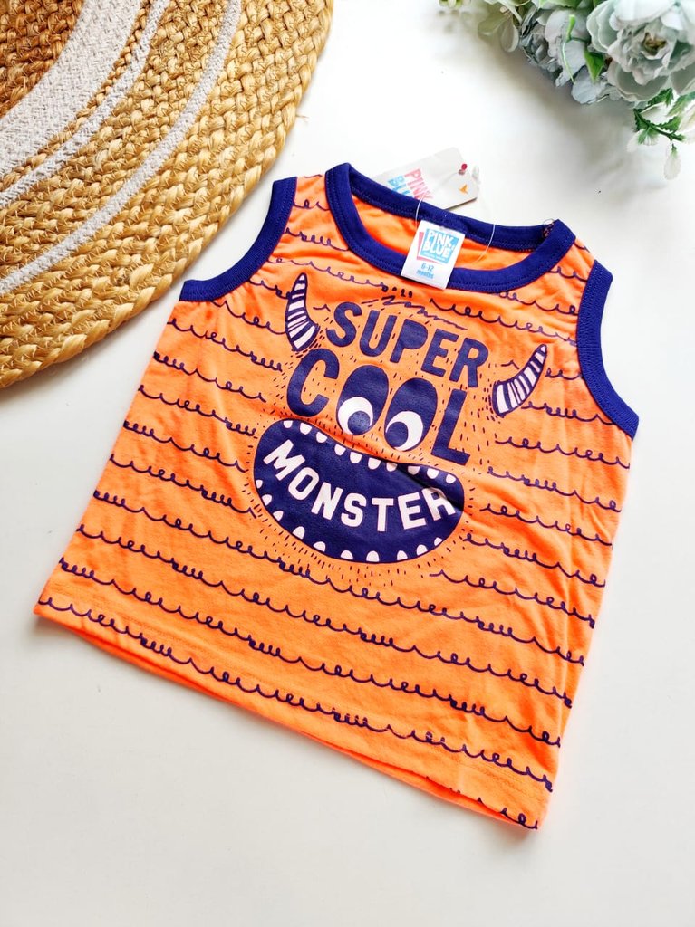 Kids Sleeveless Cotton Top - Orange Monster Print