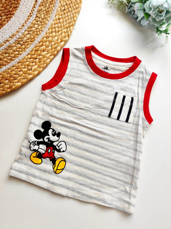 Kids Sleeveless Cotton Top - White & Grey Stripes with Mickey Mouse