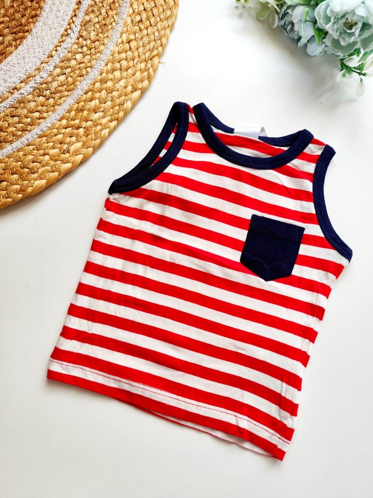 Kids Sleeveless Cotton Top - Red and White Stripes