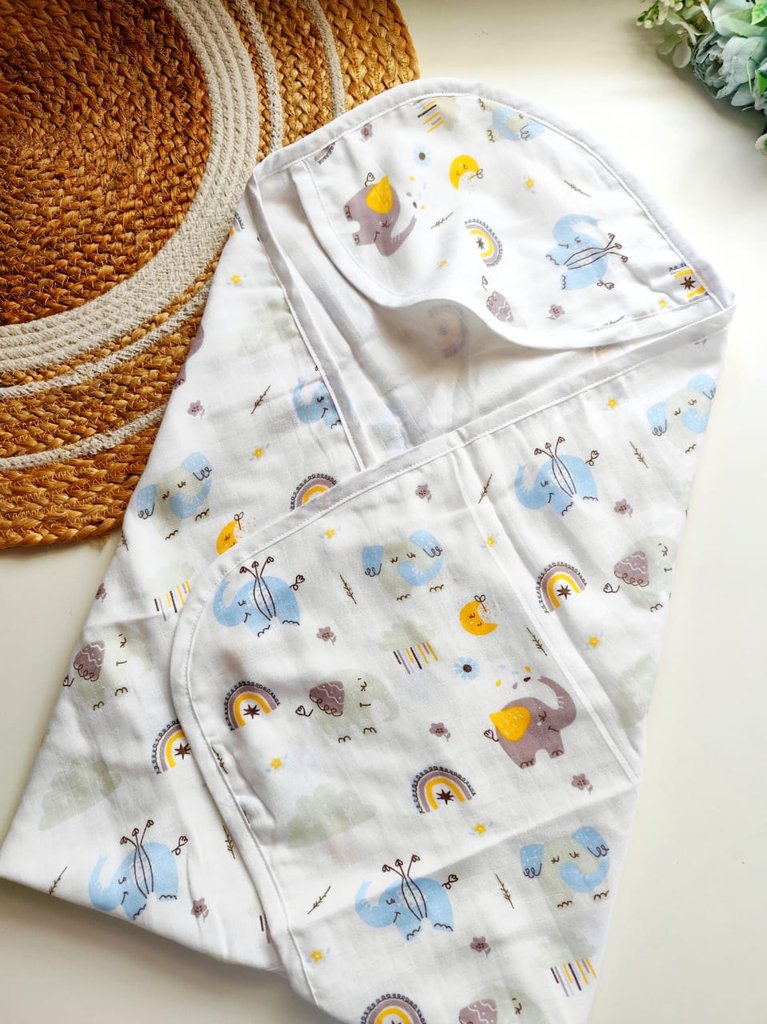 Muslin Hooded Towels - Playful Elephant & Rainbow