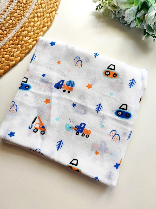 Muslin Bath Towels - White Construction Vehicles Print