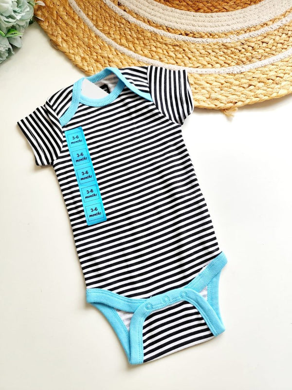 Onesies - Black and White Stripes with Blue Trim