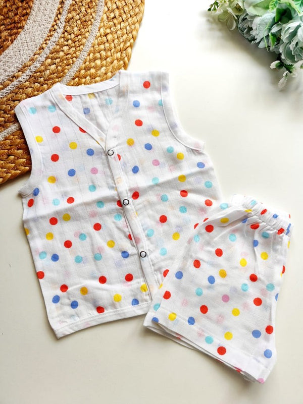 Muslin Sleeveless Co ord - Multi-Color Polka Dot