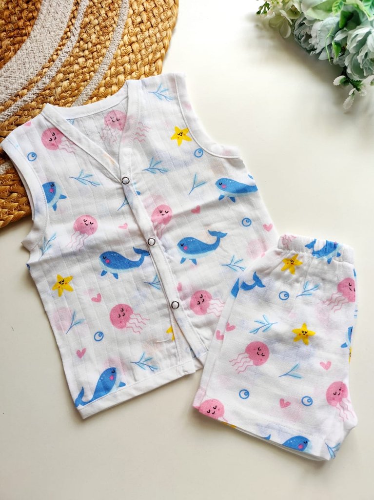 Muslin Sleeveless Co ord - Under the Sea Print