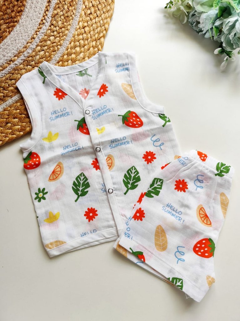 Muslin Sleeveless Co ord - White Summer Fruit Print