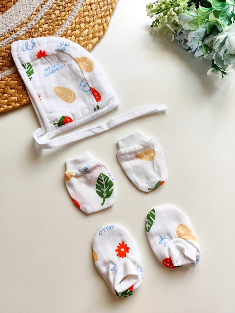 Muslin Cap, Mittens & Booties - Summer Fruits & Leaves Print