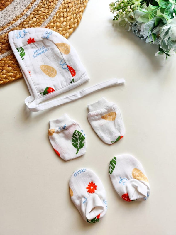 Muslin Cap, Mittens & Booties - Summer Fruits & Leaves Print