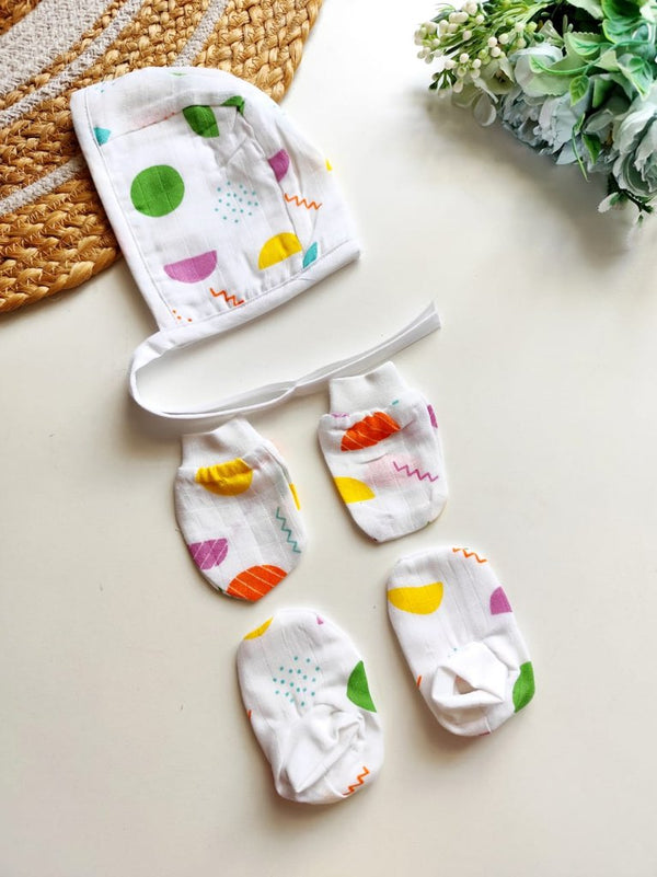 Muslin Cap, Mittens & Booties - Vibrant Geometric Print