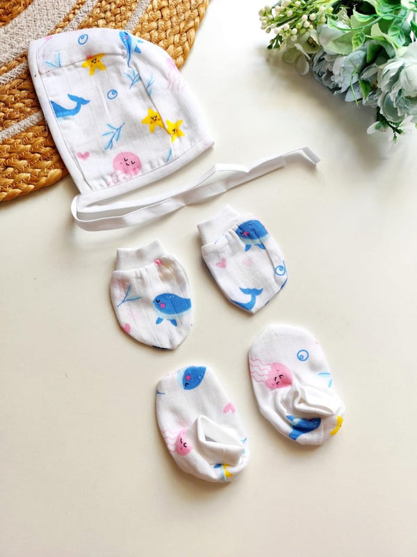 Muslin Cap, Mittens & Booties - Under the Sea Print