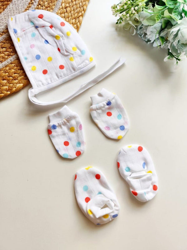Muslin Cap, Mittens & Booties - Colorful Polka Dots