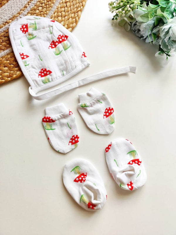 Muslin Cap, Mittens & Booties - Mushroom Print