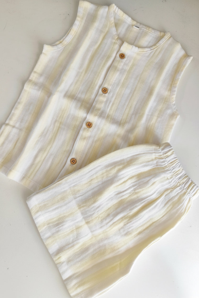 Muslin Sleeveless Co Ord Set - Yellow Stripes