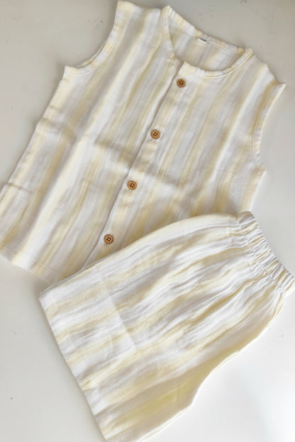 Muslin Sleeveless Co Ord Set - Yellow Stripes