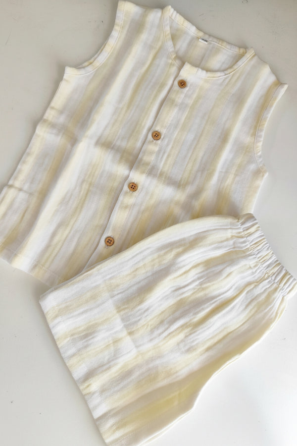Muslin Sleeveless Co Ord Set - Yellow Stripes