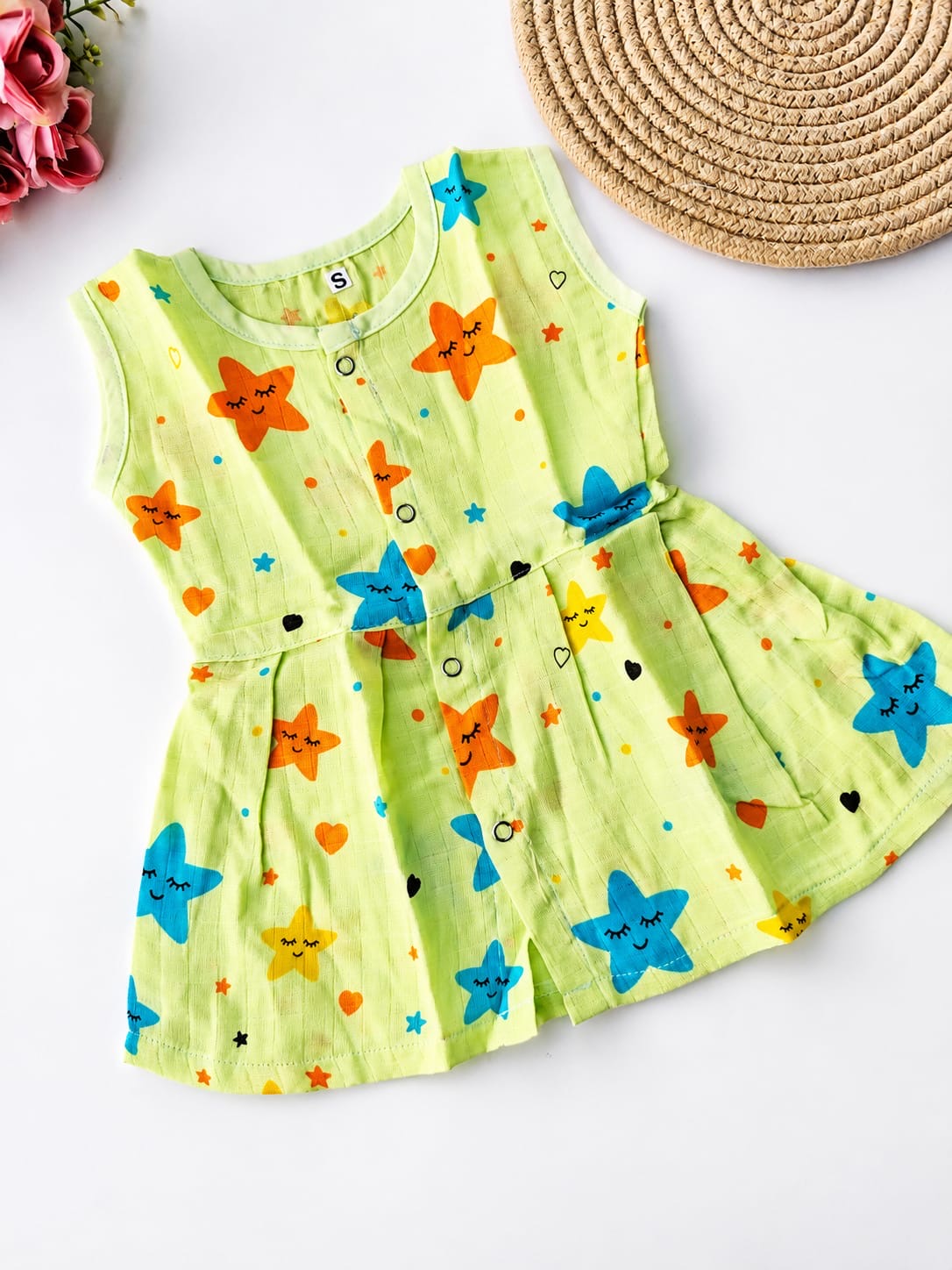 Muslin Colored Hip Cut Frock - Green Stars