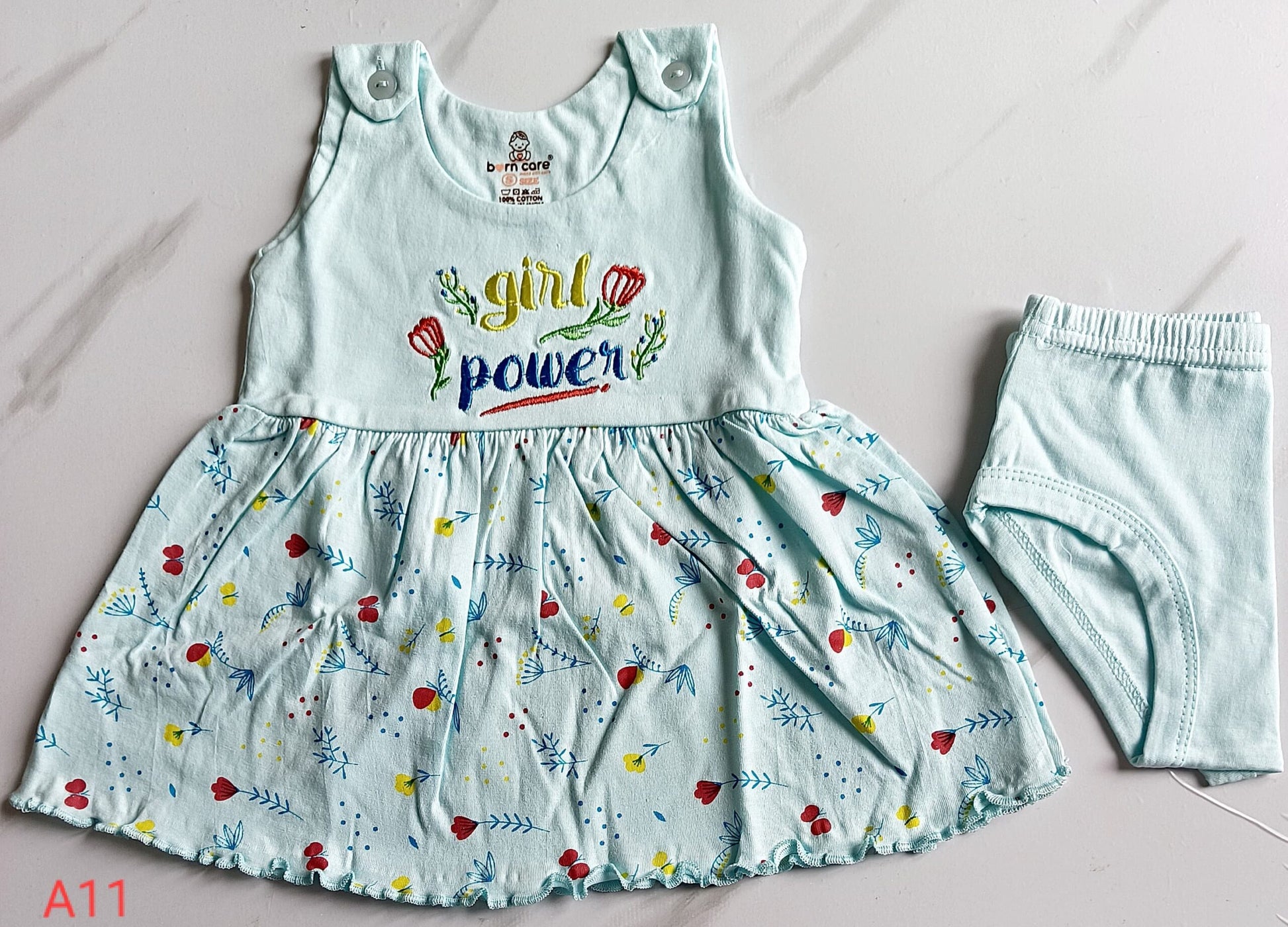 Shoulder Button Cotton Frock - Blue, 0 - 6 M image