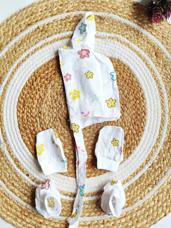 Muslin Cap, Mitten & Booties Set - Flower Print