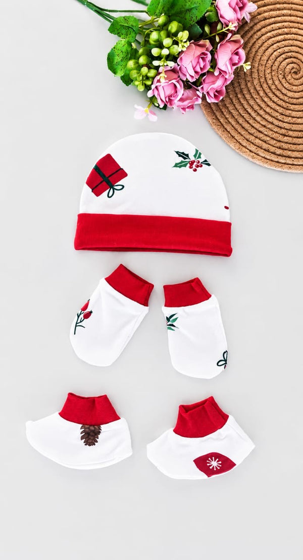 Cotton Cap, Mittens & Booties - Red