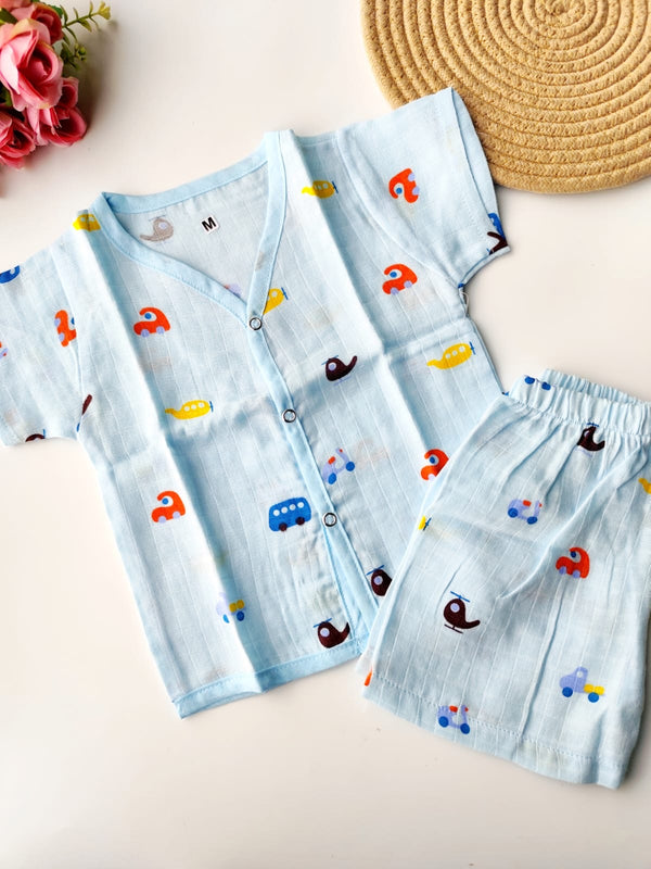 Muslin Colored Co Ord Set - Blue Mini Vehicles