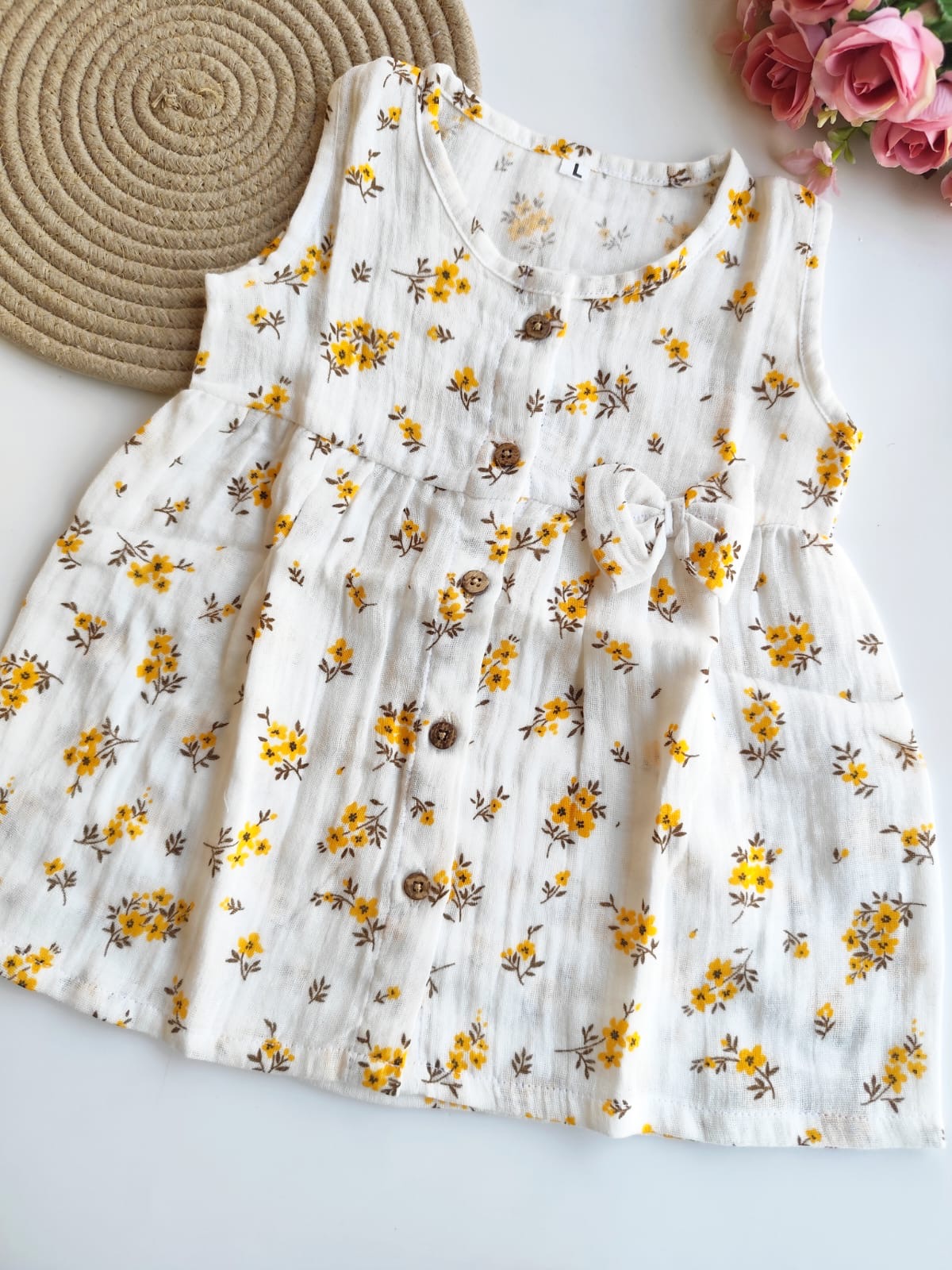 Muslin Hip Cut Frock - Yellow Floral
